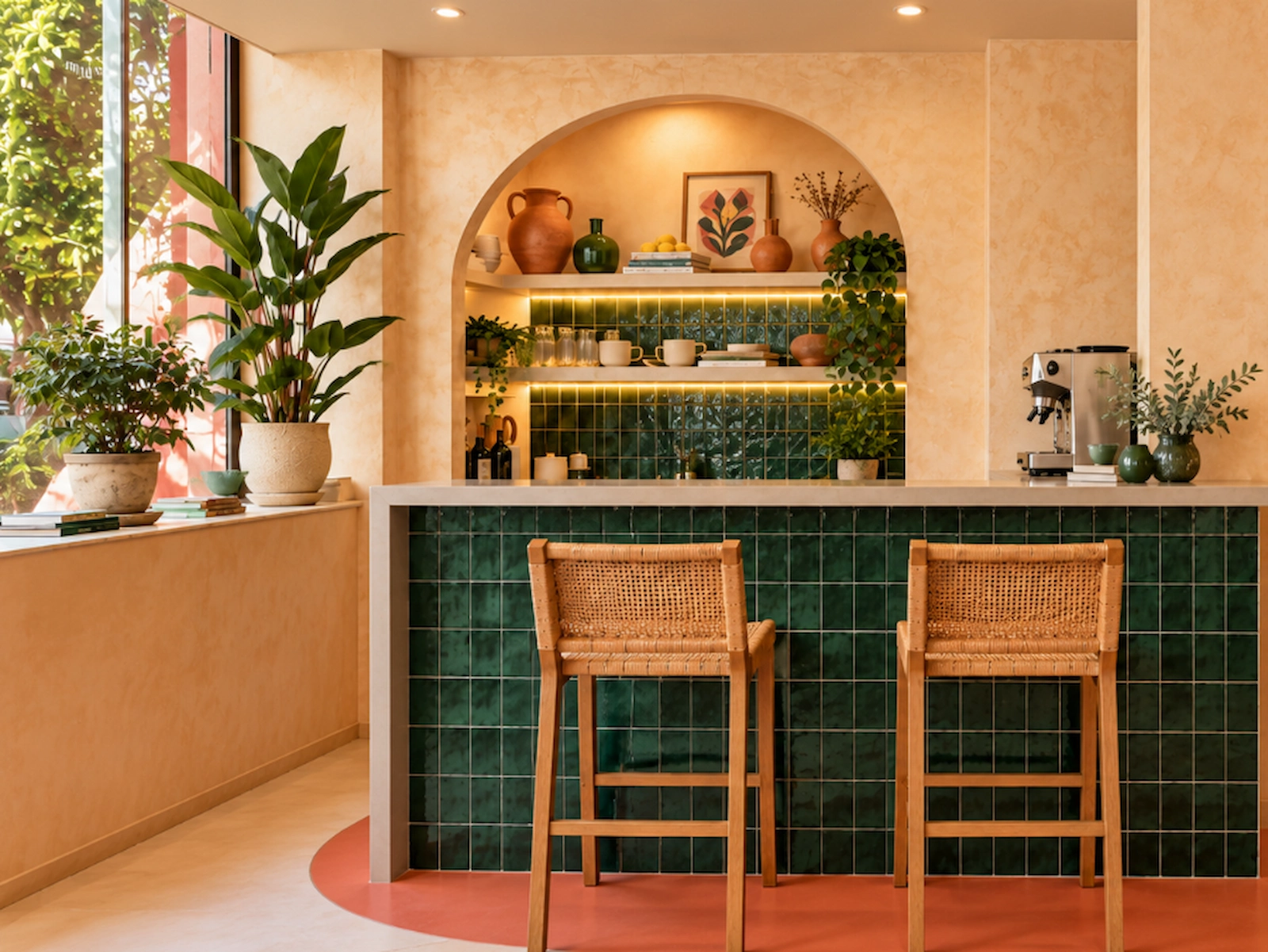 Bar d'un hall d'hôtel méditerranéen à Juan-les-Pins, avec carrelage vert, tabourets en cannage et sol terracotta.