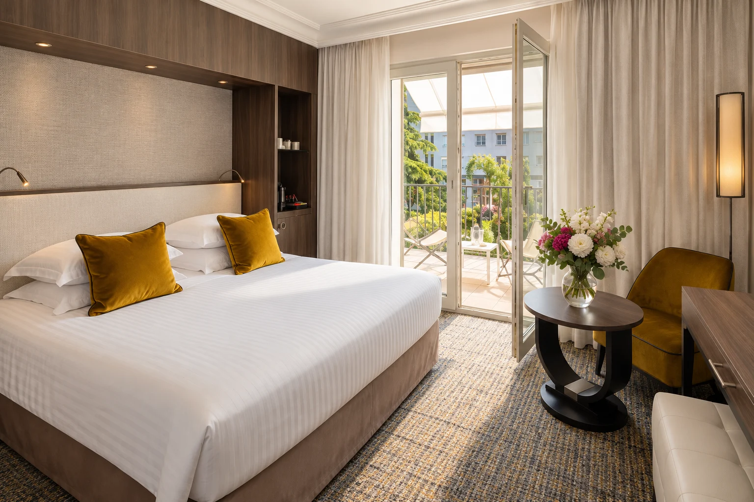 Chambre d'hôtel lumineuse avec accès à une terrasse