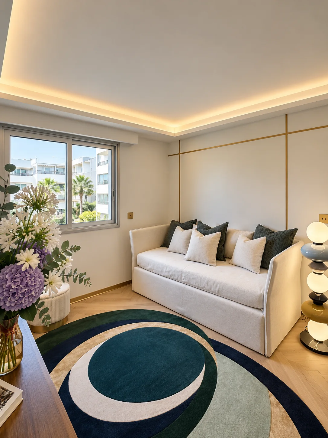 Salon rénové avec canapé blanc, tapis graphique et décoration bord de mer chic.